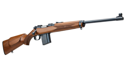 Classic semi-automatic rifle with wooden stock and smooth barrel displayed on transparent background