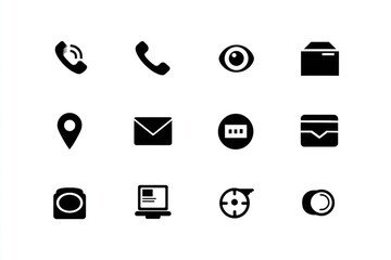Set of 15 simple black icons representing various communication and information access methods, displayed in a grid format on a white background.  Icons include phone calls.