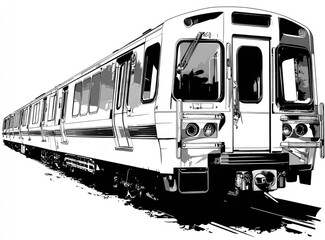 Monochrome subway train illustration.  Detailed view of a modern train, angled forward, in a grayscale style, depicting its various components.  The train is positioned on a shadowed ground