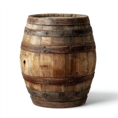 Fototapeta premium Wooden barrel, weathered and aged, standing upright, isolated on white background. Features multiple horizontal bands of wood, with varying shades of brown and gray