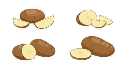 Illustration of whole and sliced potatoes with varying shapes and arrangements