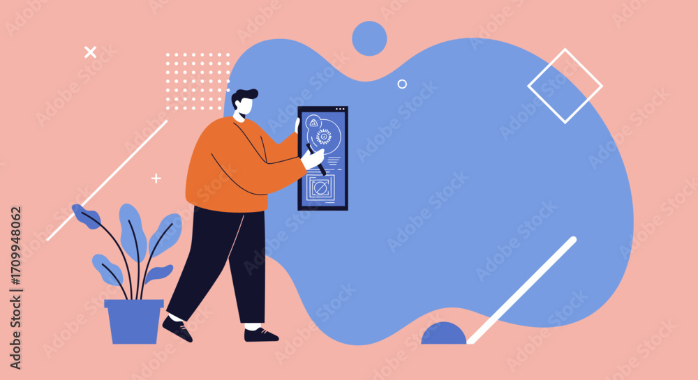 Wall mural stylized person analyzing digital interface on a tablet. concept of ui/ux design, app development, a