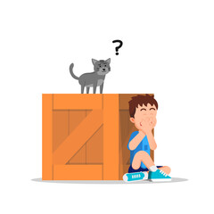 A boy hiding behind a wooden box while his cat searches curiously