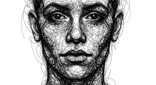 Portrait of a young man created from a dense network of thin, black, chaotic lines on a white background