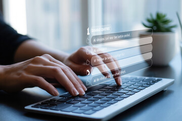 Person typing on a keyboard with digital data overlay