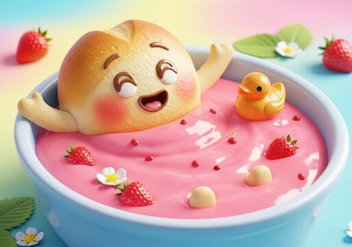 Smiling bread roll figure bathes in pink smoothie with strawberries and a rubber duck, cute and vibrant