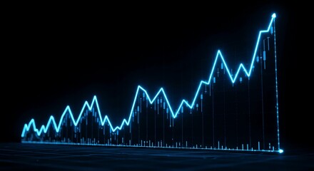 A glowing blue line graph showing a strong upward trend against a dark background, representing growth and progress.
