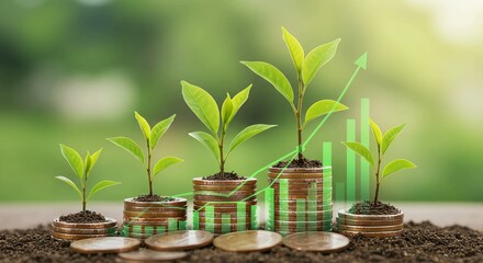 Small green plants growing from stacks of coins, symbolizing financial growth, investment, and sustainable development with an upward trend graph.