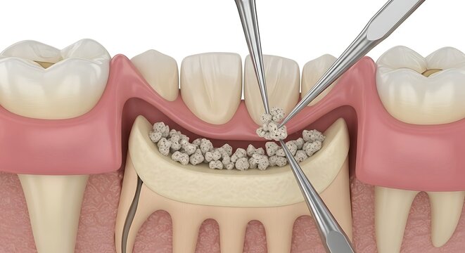 Dental bone graft procedure in mandibular socket with particulate grafting.