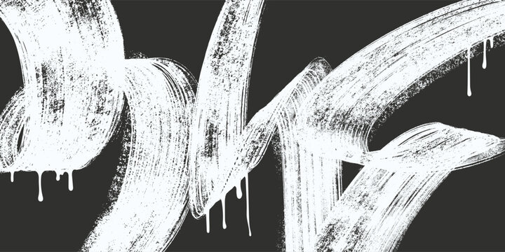 White spiral brush strokes with grainy splatter effect. Hand drawn curved lines form a banner. Vector background in retro style with rough texture, scattered small dots on black background.