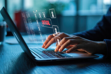 Person typing on laptop with holographic data interface overlay