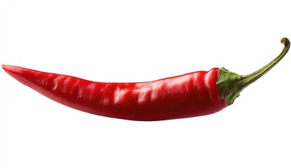 Red chili pepper, isolated on white.  A long, bright red chili pepper is angled on a white background.  
