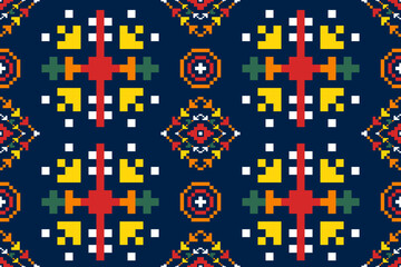 Colorful geometric pixel art seamless pattern with ethnic tribal style, perfect for textile, wallpaper, and digital backgrounds. Popular in Europe and America.