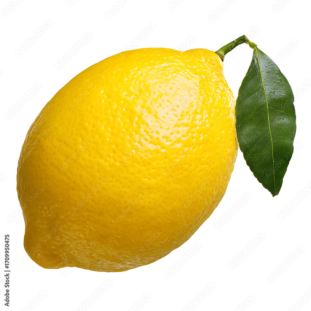 Poster a vibrant textured lemon with a single glossy green leaf attached set against a stark transparent ba