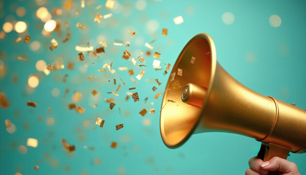 Golden megaphone, broadcasting announcement in shimmering confetti. Dynamic shot captures sound, promotion, celebratory event excitement. Perfect for festive marketing, social media, conveying loud