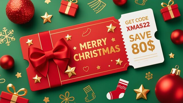 Realistic red Christmas ticket with green background, red satin bow, golden stars, red baubles, subtle Christmas patterns (gifts, socks)