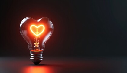 Glowing heart-shaped light bulb on dark backdrop. Love, creativity, inspiration, innovation, new ideas. Warm orange light emits from filament, creating romantic, emotional, symbolic contrast. Modern,
