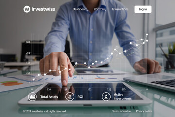 Businessman using tablet with financial data and charts overlay