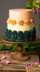 Two-tiered cake with pastel pink, peach, and cream frosting, decorated with teal rosettes