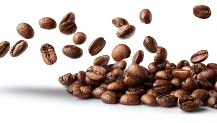 Naklejka premium Coffee beans in motion, scattered and piled