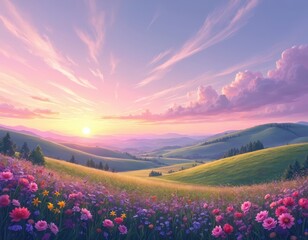 Fototapeta premium Vibrant flower field rolling hills landscape at sunset. Pink and purple sky with clouds. Green hills under warm golden sun. Peaceful countryside meadow with floral bloom. Spring summer nature scene.