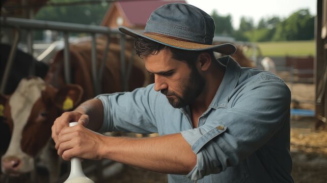 Portrait of Young dairy farmer prepping his cows for milking at this family’s dairy farm outside