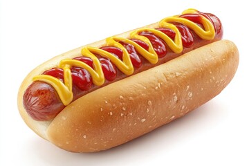 Hot dog in a bun, topped with ketchup and mustard