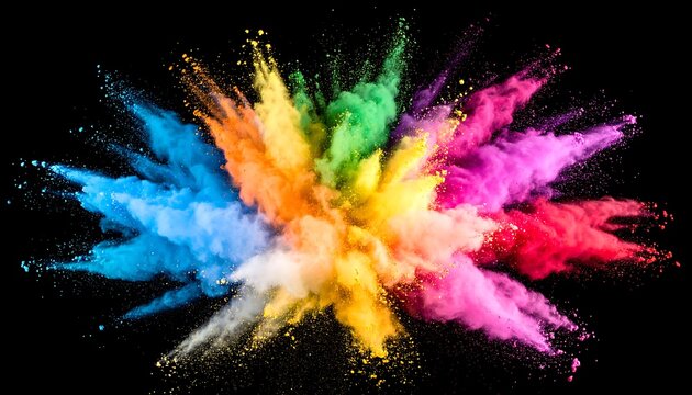 Vibrant explosion of colorful powder on black background with creative artistic design.