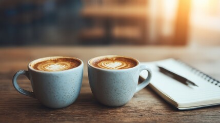 Two cups of coffee with latte art sit on a wooden table alongside a notebook and pen, illuminated by warm sunlight.