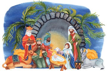Watercolor biblical Christmas illustration of baby Jesus in a manger, surrounded by the Virgin Mary, Joseph, and the Three Wise Men under a night sky with a shining star. Perfect for nativity scenes, 