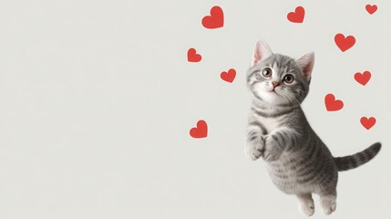 Pet Valentine Photoshoot A playful kitten surrounded by hearts on a soft background, conveying warmth and affection.