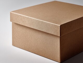 Square, light brown cardboard box.  Close-up, neutral background.  Textured surface