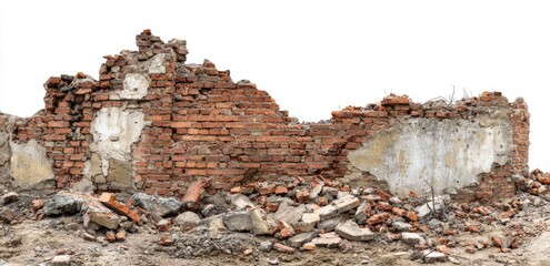 A crumbled brick wall, remnants of demolition, with scattered debris