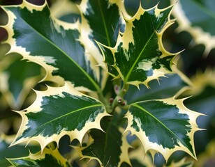 Close-up of variegated holly leaves