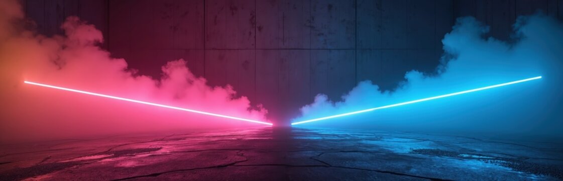 Symmetric neon lights in pink, blue form V shape on dark, misty background. Abstract digital design with smoke, energy, contrast. Futuristic, vibrant atmosphere suggests modern technology, science - Powered by Adobe