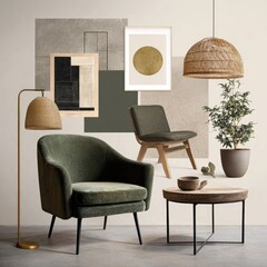 Modern minimalist living room mood board.  A curated collection of neutral tones and textures, including a green velvet armchair, a woven pendant lamp, and abstract art pieces