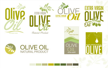 Olive oil retro green color label background collection. Olive logo icon design template flat. Natural extra virgin oil. beauty, cosmetic and food