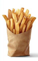 Crispy golden french fries in a brown paper bag