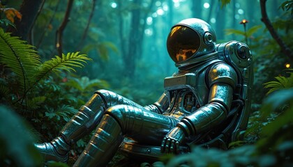 Futuristic astronaut in reflective chrome spacesuit rests among forest foliage. Vibrant lighting creates ethereal, dreamlike atmosphere. Sci-fi scene blends nature, advanced technology for surreal,