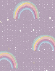 Arc-en-ciel pastel et &eacute;toiles sur fond violet clair - Motif vectoriel sans couture