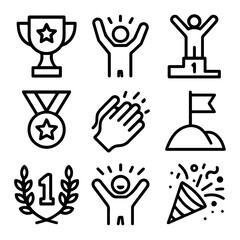 Black Line Art Icons Representing Achievement Success and Celebration.