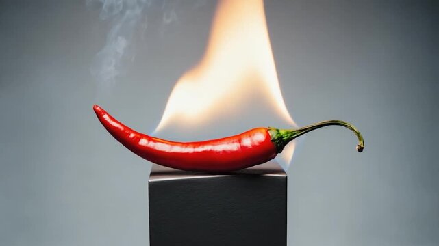 A vibrant red chili pepper on a black cube, enveloped in smoke and flames