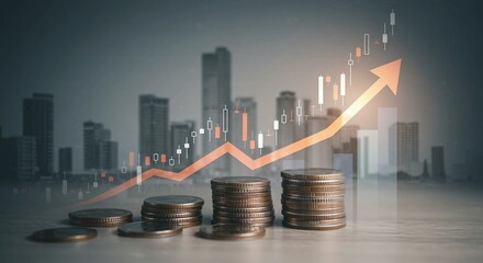 Stacks of coins with a glowing orange arrow pointing up, symbolizing financial growth against a city skyline.