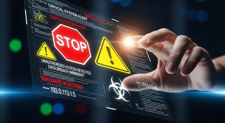 Cybersecurity alert concept Hand interacting with a holographic screen displaying warnings of a critical system alert, with a focus on data breaches and malware injection threats