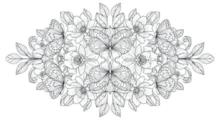 Decorative Floral Vector Illustration with Symmetrical Leaf and Flower Elements in Minimalist Black and White Style