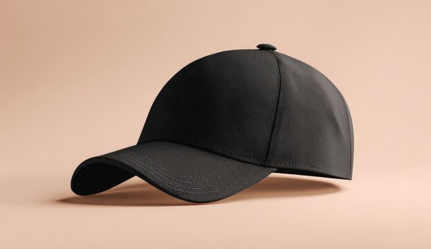 Black baseball cap angled on a light beige surface