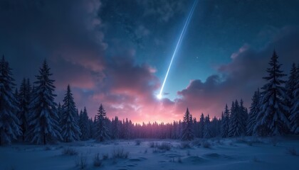 Fiery meteor streaks across twilight sky above snow-covered forest. Dramatic pink, blue clouds frame celestial spectacle. Evergreen trees stand silhouetted against colorful, starry night horizon,