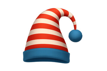 Red and white striped sleeping cap with blue pompom on transparent background