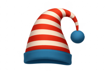 Red and white striped sleeping cap with blue pompom on transparent background