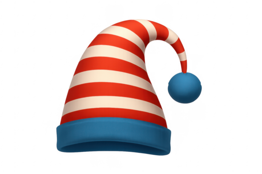 Red and white striped sleeping cap with blue pompom on transparent background